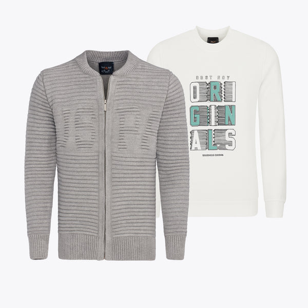 سويت شيرت اولادي شتوي توب وان راوند سوستة تريكو 2 قطعة موديل 210