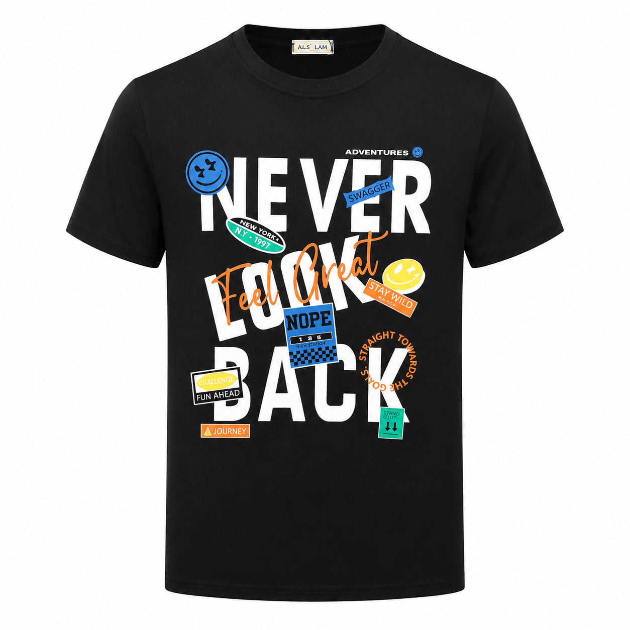 تيشيرت رجالي صيفي قطن السلام NEVER LOOK BACK راوند نص كم موديل 15