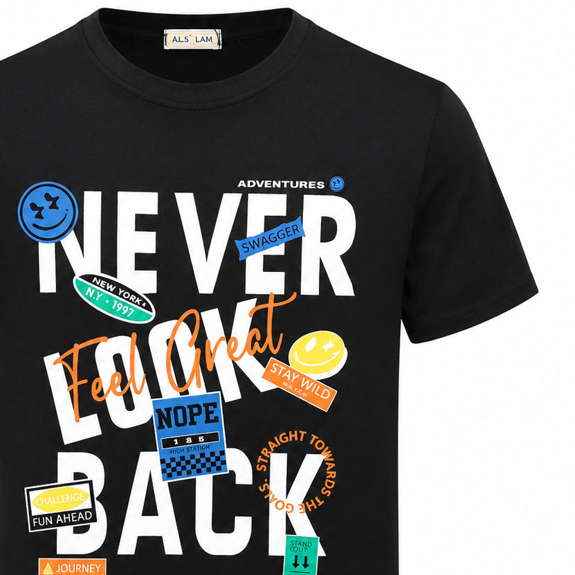 تيشيرت رجالي صيفي قطن السلام NEVER LOOK BACK راوند نص كم موديل 15