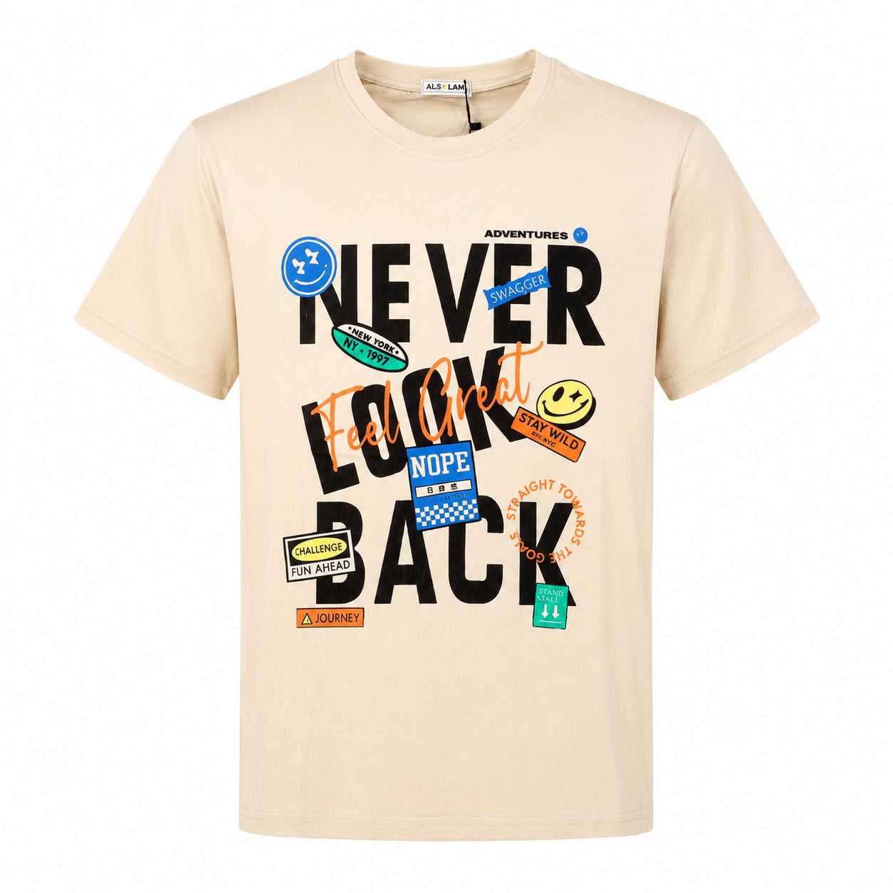 تيشيرت رجالي صيفي قطن السلام NEVER LOOK BACK راوند نص كم موديل 15