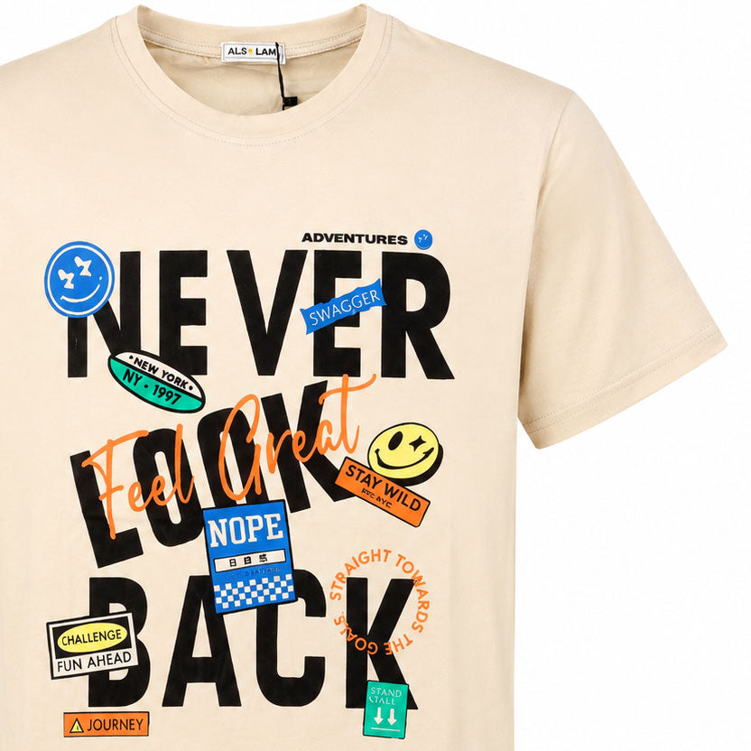 تيشيرت رجالي صيفي قطن السلام NEVER LOOK BACK راوند نص كم موديل 15