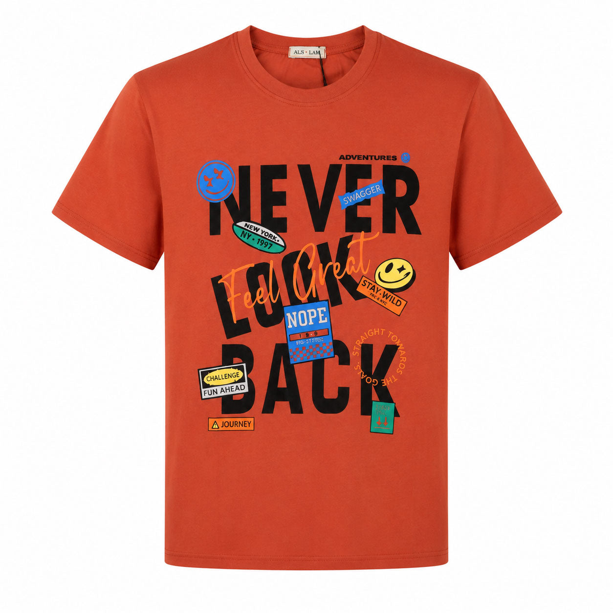 تيشيرت رجالي صيفي قطن السلام NEVER LOOK BACK راوند نص كم موديل 15
