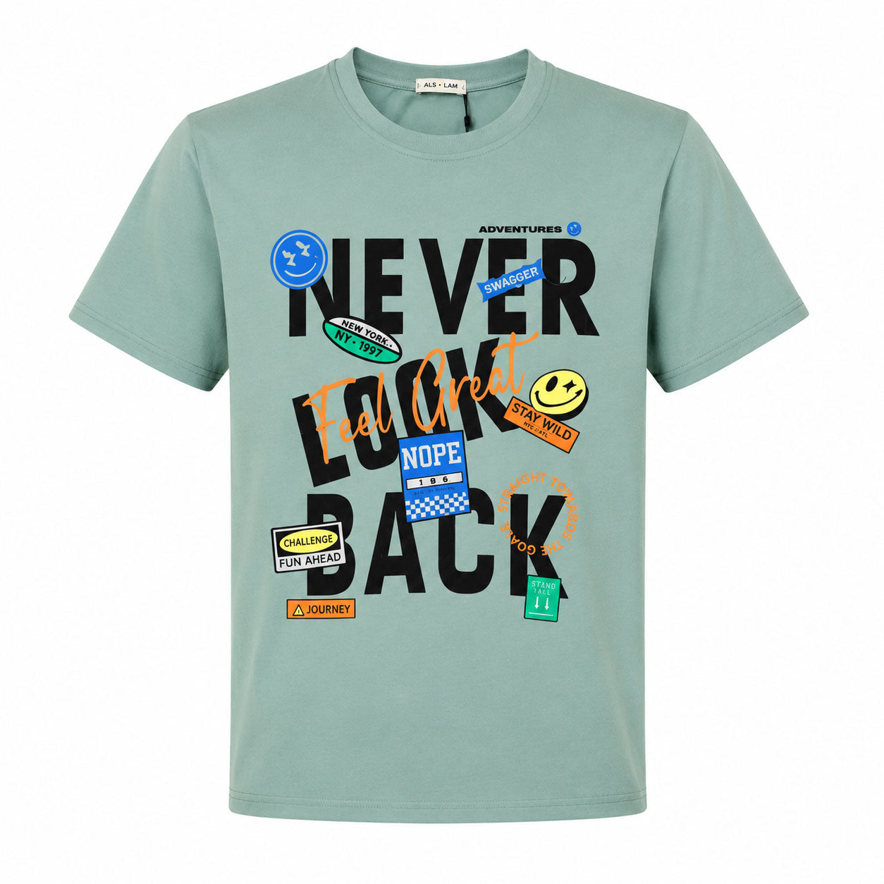 تيشيرت رجالي صيفي قطن السلام NEVER LOOK BACK راوند نص كم موديل 15