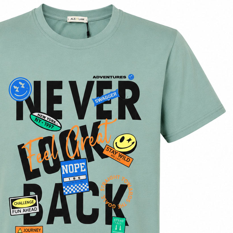 تيشيرت رجالي صيفي قطن السلام NEVER LOOK BACK راوند نص كم موديل 15