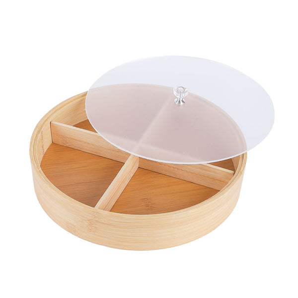 Bamboo snack plate with round acrylic lid, 4 holes, model 17687