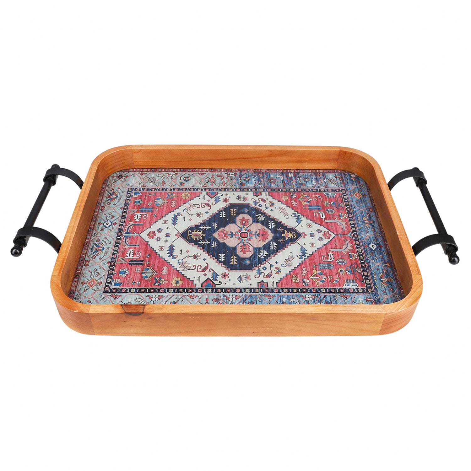 طقم صينية زجاج ليدر اطار خشب يد معدن مربع 2 قطعة موديل 86 