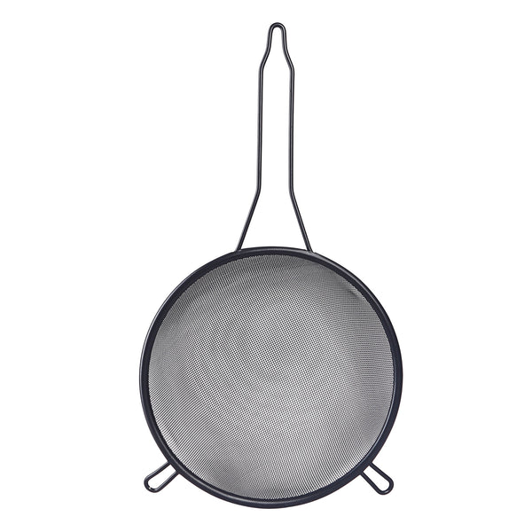 Large black coated stainless steel strainer with handle