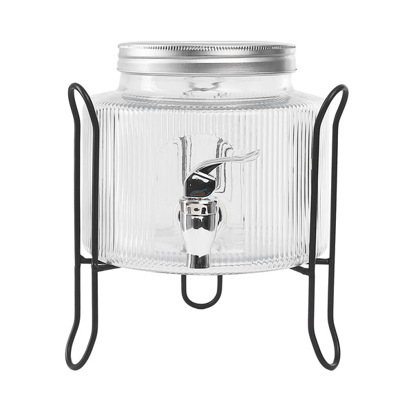 1PC Ribbed Glass Juice Dispenser with Tap, Metal Lid and Stand Base 2.5L