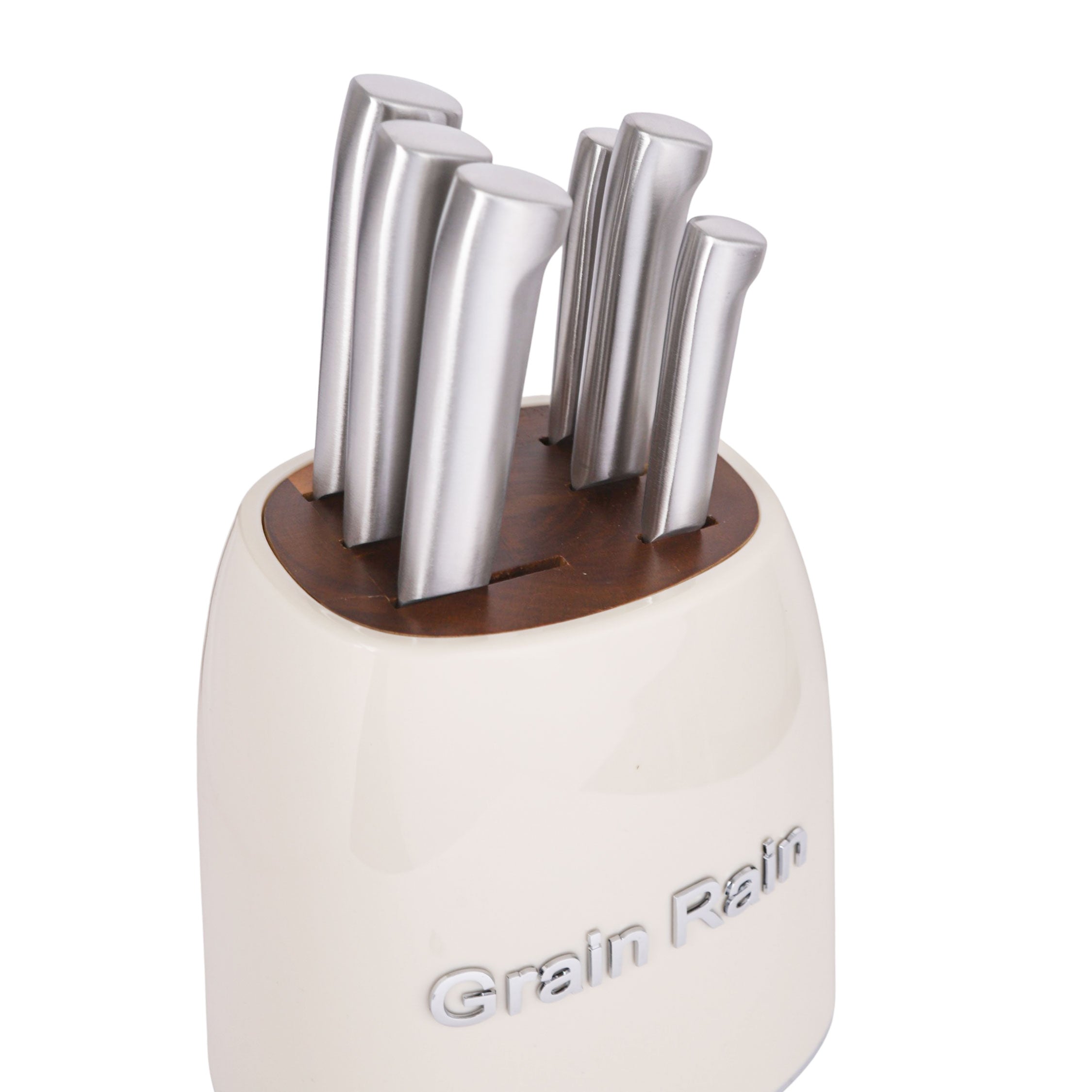 طقم سكينة مطبخ GRAIN RAIN استانلس + استاند موديل 19558-702 - اوف وايت 