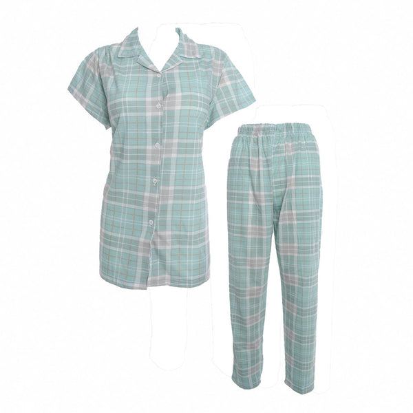 Women's summer cotton pajamas, Caesar, half-sleeved, checkered buttons, model 411
