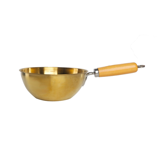 Golden frying pan with wooden handle