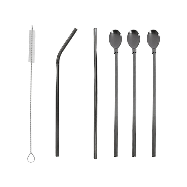 Black plated stainless steel spoon set with straw and brush