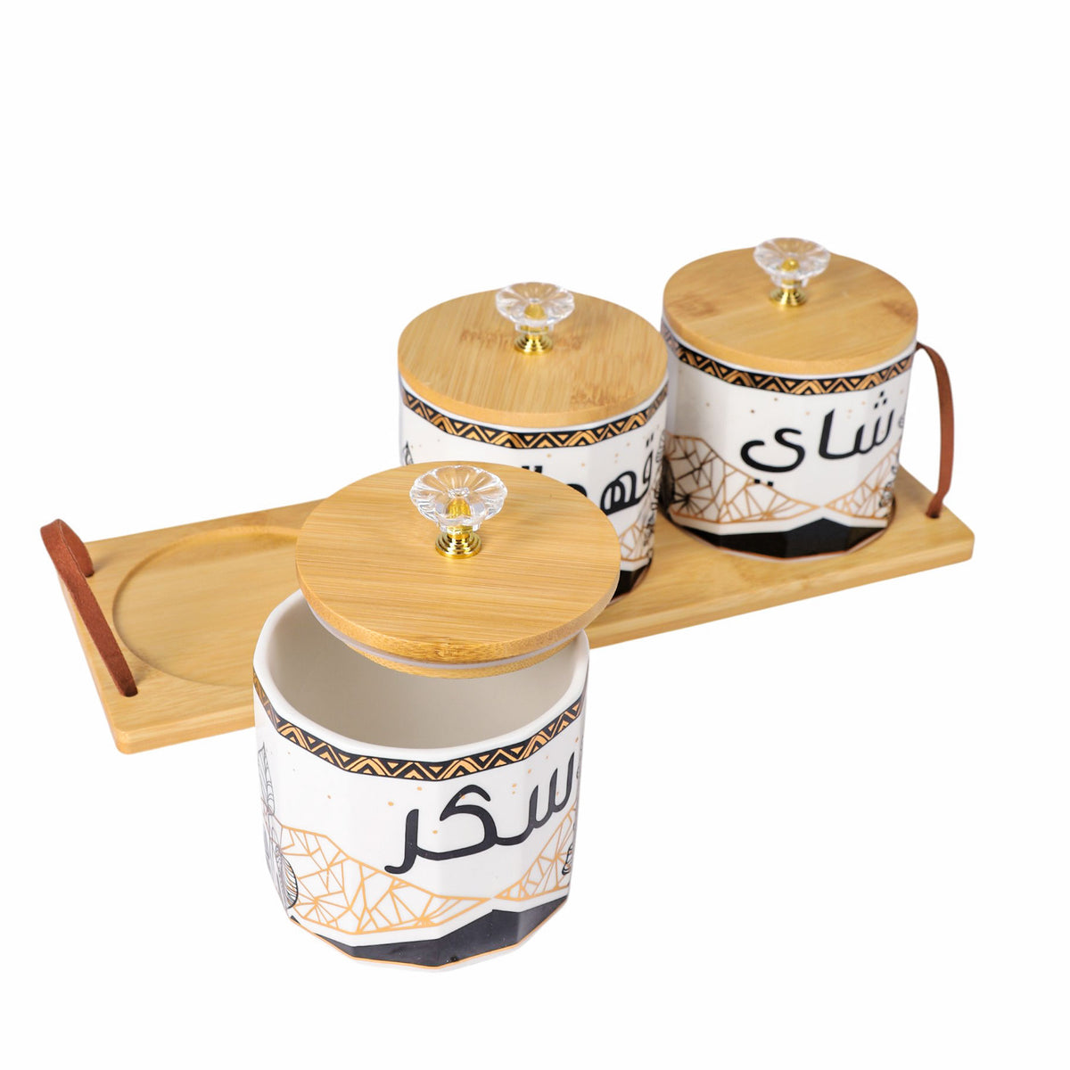 طقم سكرية بورسلين مدهب بغطاء و قاعدة خشب موديل TT-1537 