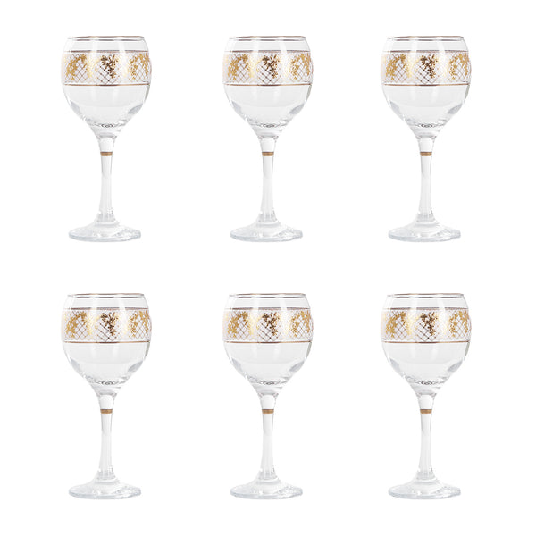 Al Fanar Glass Cup Set, Stretch Yasmina Gold Decal Ribbon, 6 Pieces, Model 3717