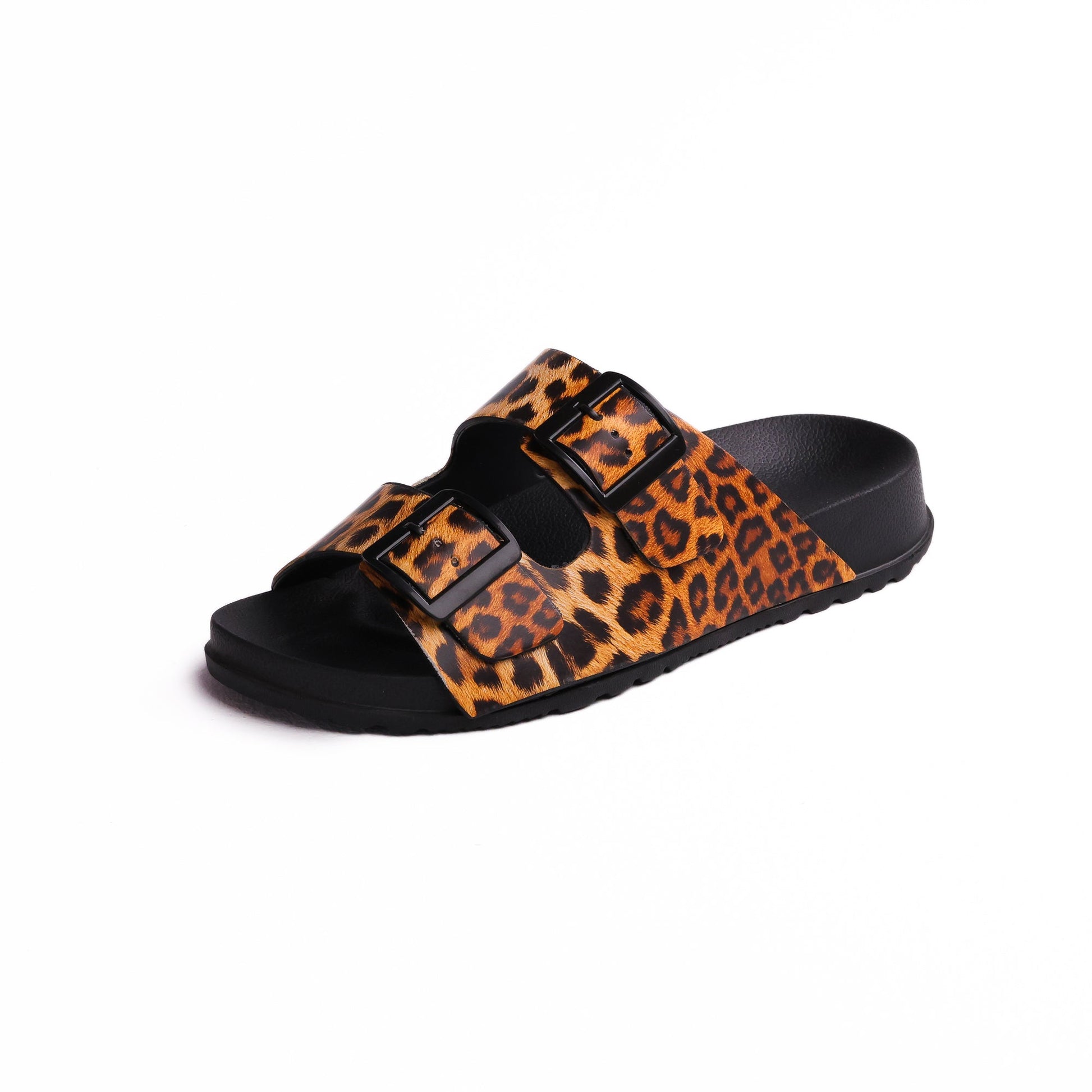 Black Double Buckle Printed Slide - شبشب أسود مطبوع بإبزيم مزدوج 
