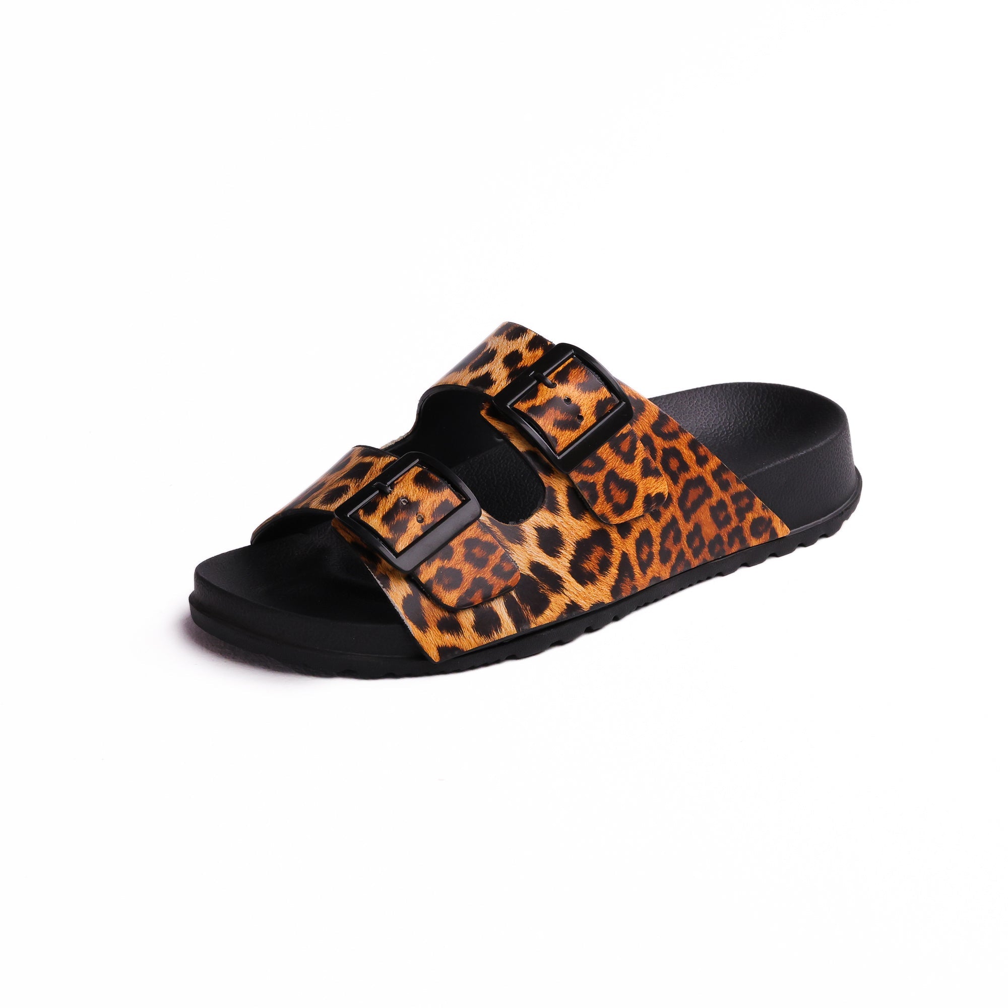 Black Double Buckle Printed Slide - شبشب أسود مطبوع بإبزيم مزدوج 