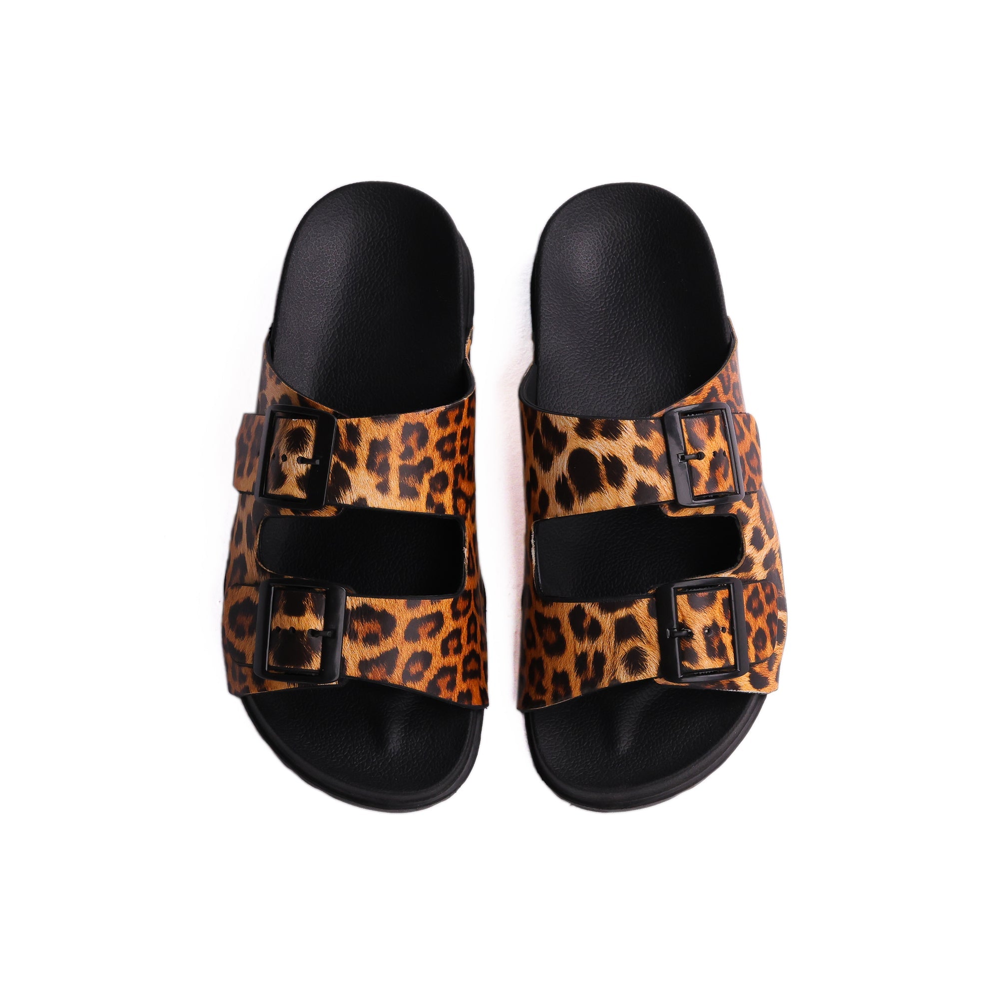Black Double Buckle Printed Slide - شبشب أسود مطبوع بإبزيم مزدوج 