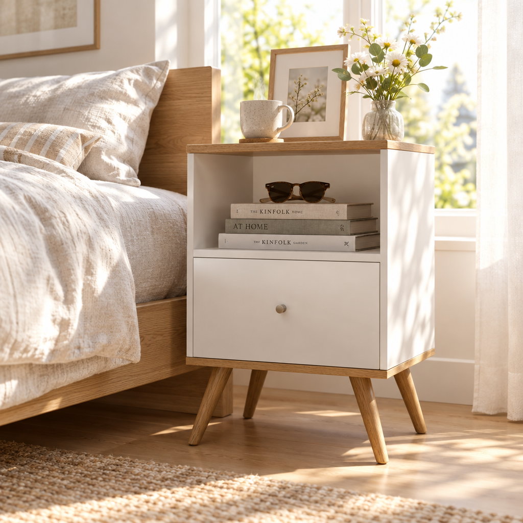 كومودينو MDF أبيض بأرجل خشبية بجانب السرير - درج ورف مفتوح - 60×40×40 سم