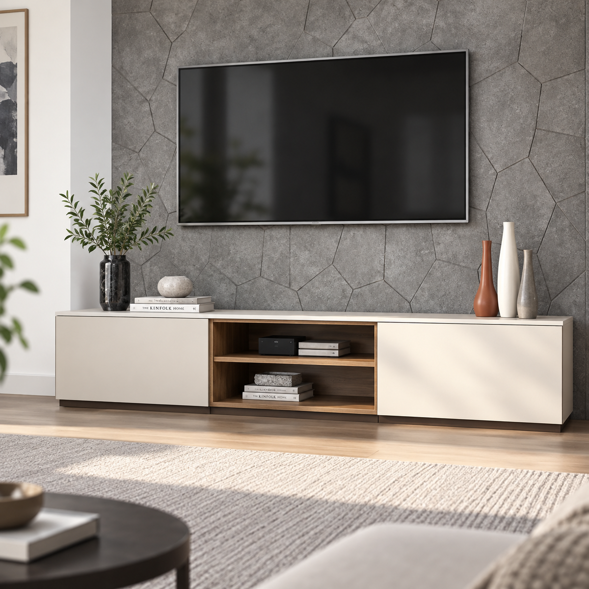 وحدة تلفزيون MDF بيچ وأبيض - 35×180×30 سم