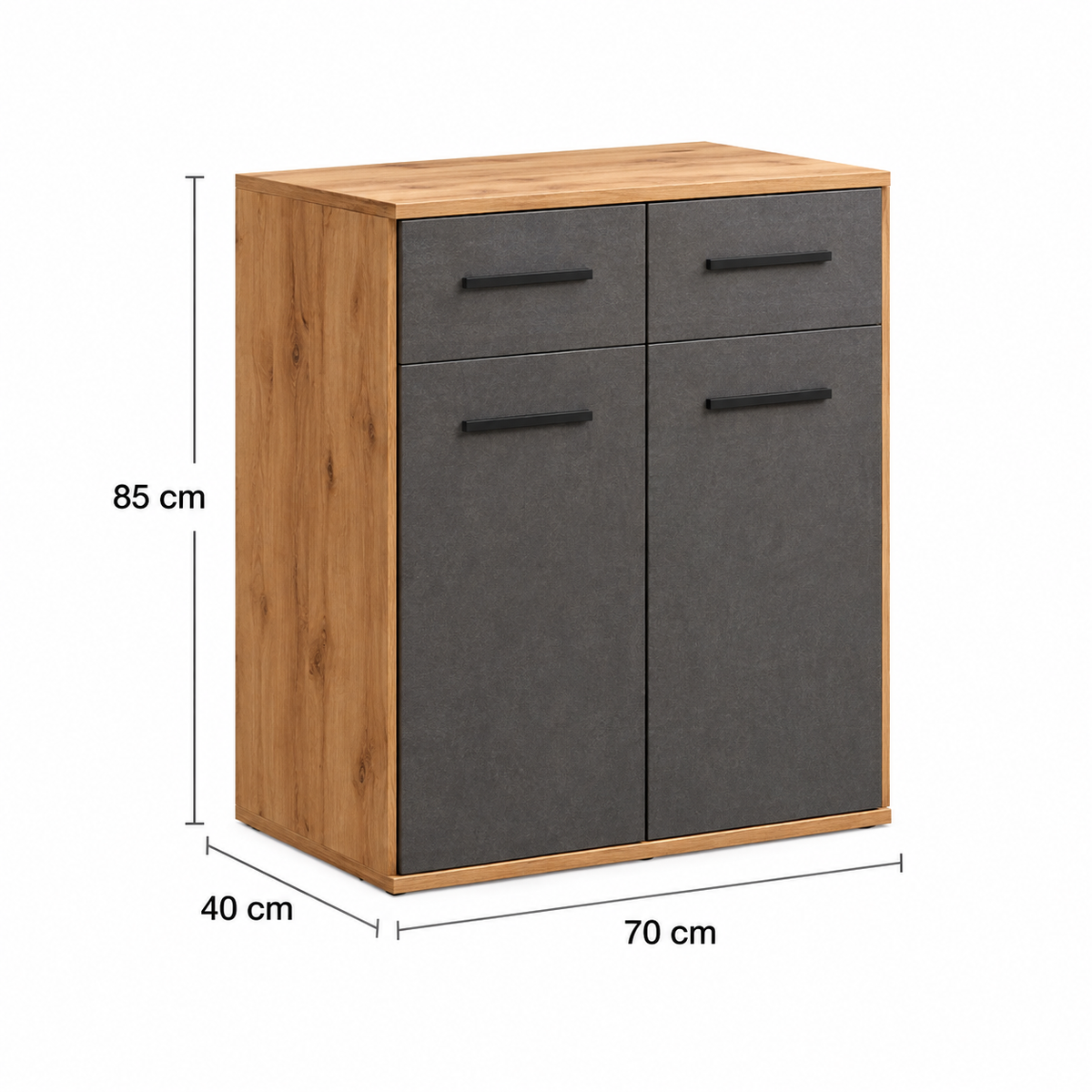 دولاب MDF سنديان ورمادي — رسم توضيحي للمقاسات بالسنتيمتر