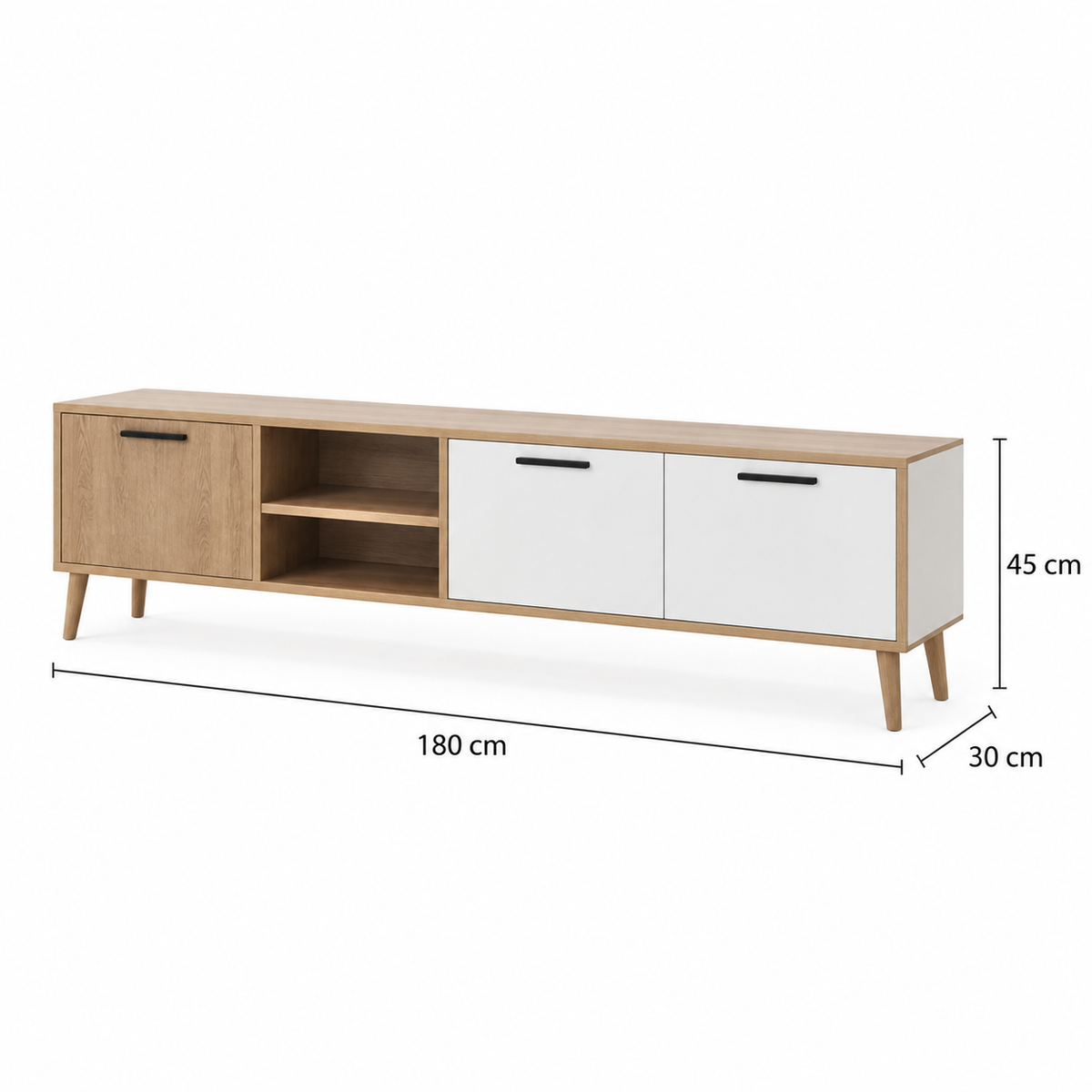 مقاسات وحدة التلفزيون: 180 سم طول × 45 سم ارتفاع × 30 سم عمق