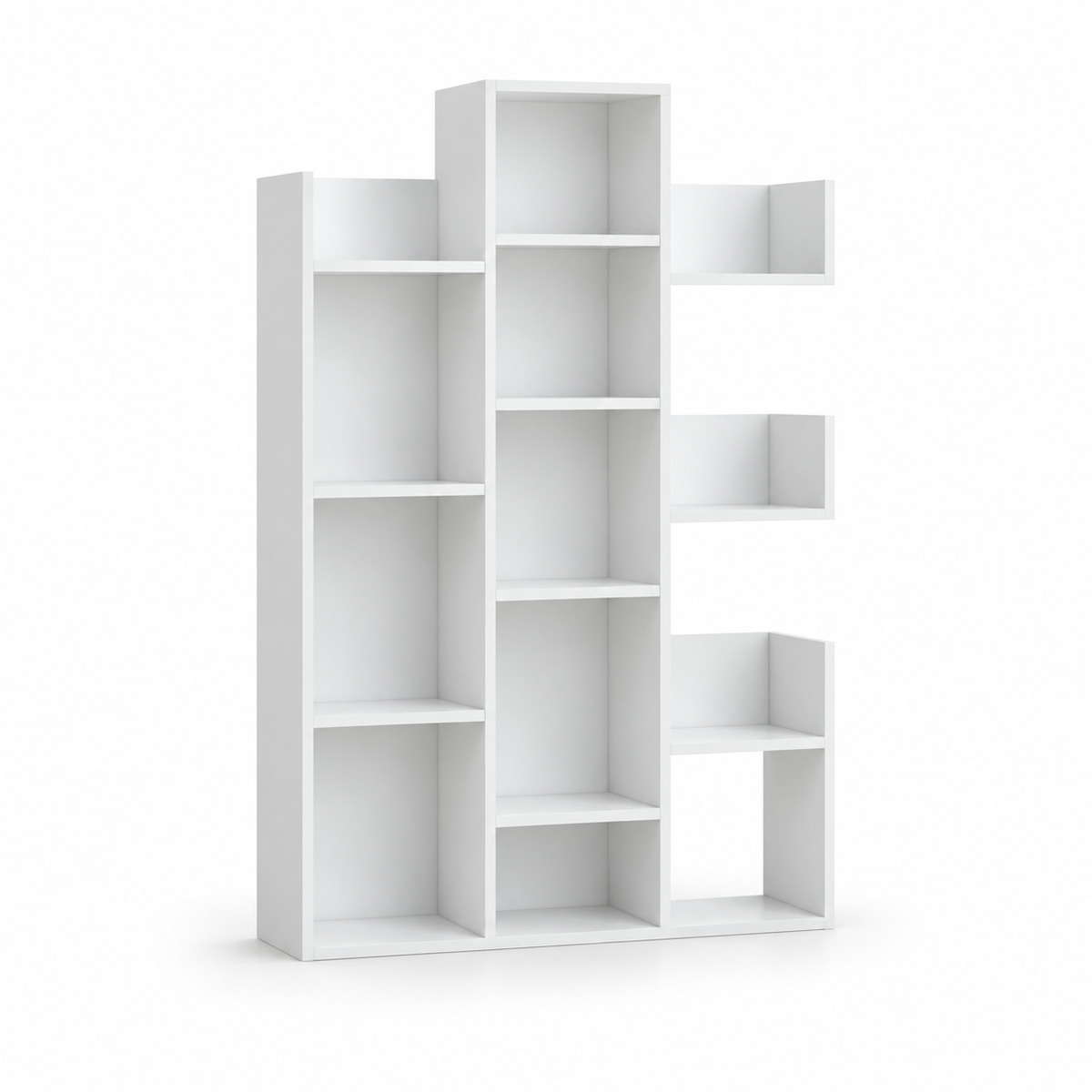 مكتبة MDF أبيض بتصميم متدرج وعيون متفاوتة الأحجام