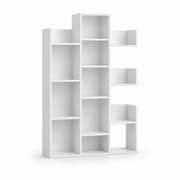 مكتبة MDF أبيض بتصميم متدرج وعيون متفاوتة الأحجام
