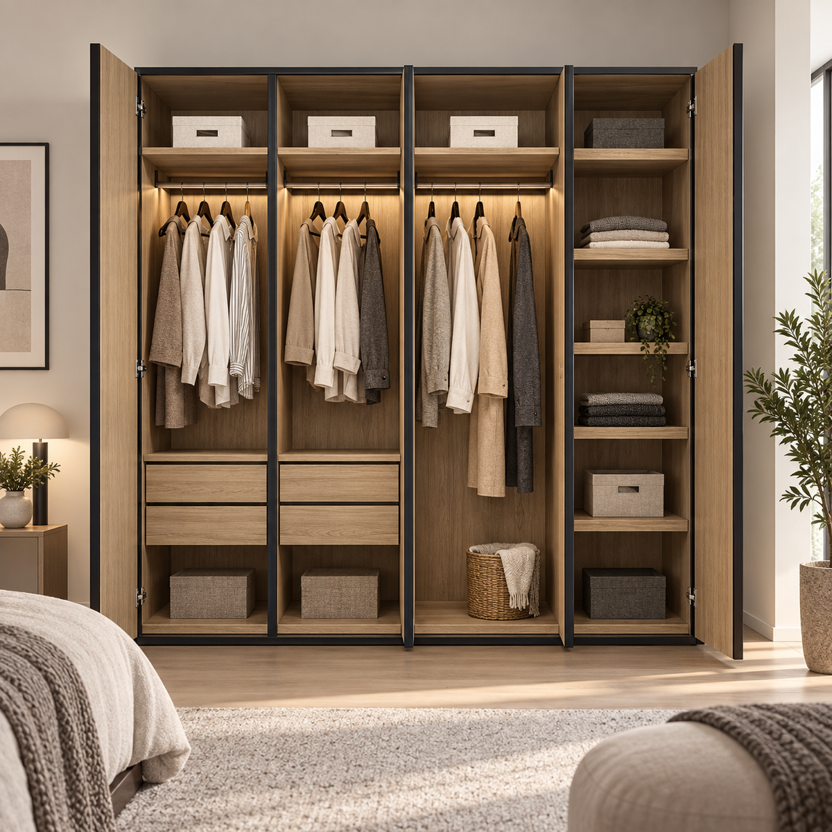 دولاب MDF 4 ضلف خشبي وإطار أسود - 210×220 سم