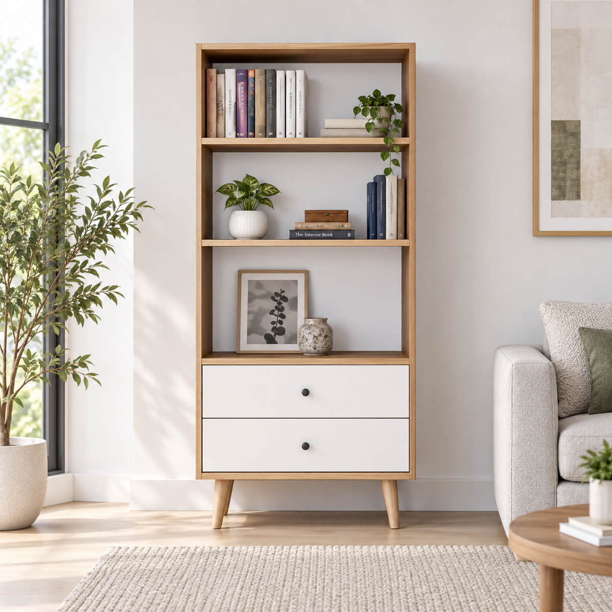 وحدة كتب MDF أبيض وبيچ - 180×60×30 سم
