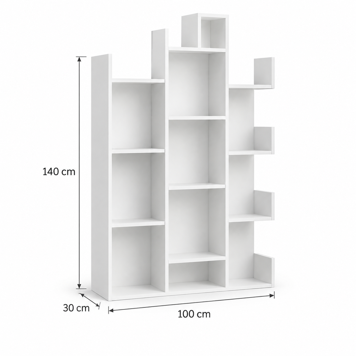 مقاسات المكتبة: 140 سم ارتفاع × 100 سم عرض × 30 سم عمق