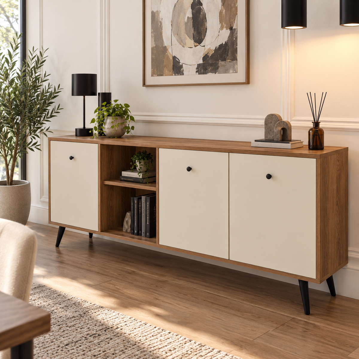 بوفيه MDF إسباني أبيض وخشبي - 75×170×40 سم