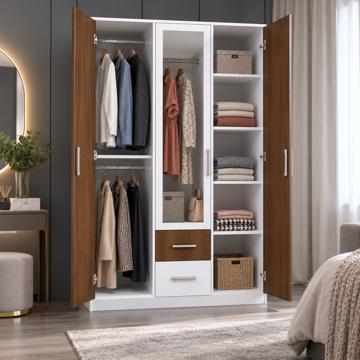 دولاب MDF 3 ضلف أبيض وبني - 210×120×50 سم
