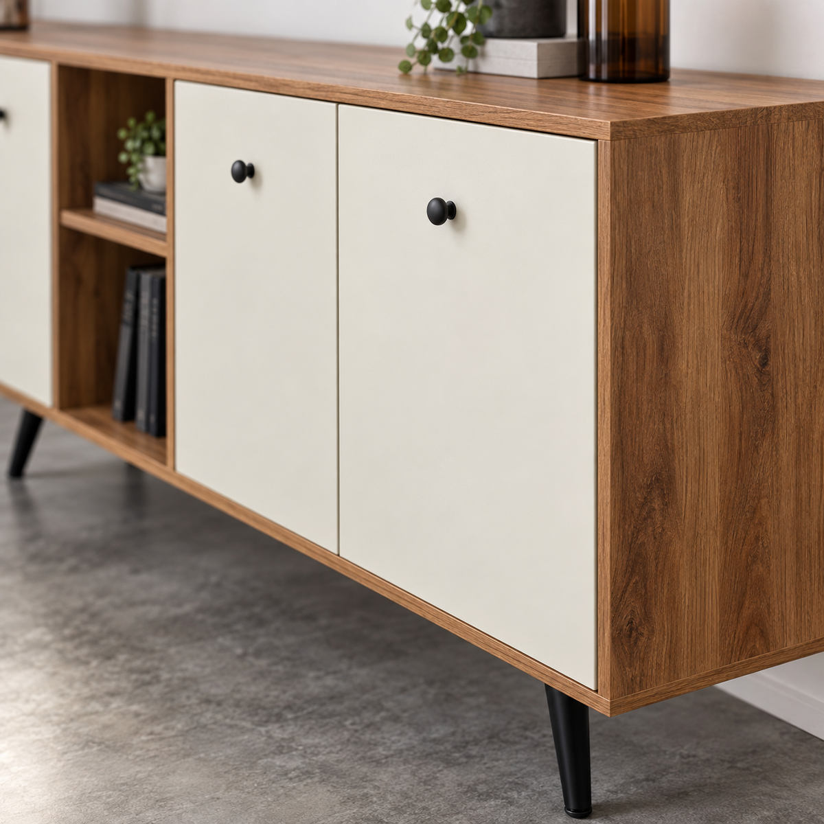 بوفيه MDF إسباني أبيض وخشبي - 75×170×40 سم