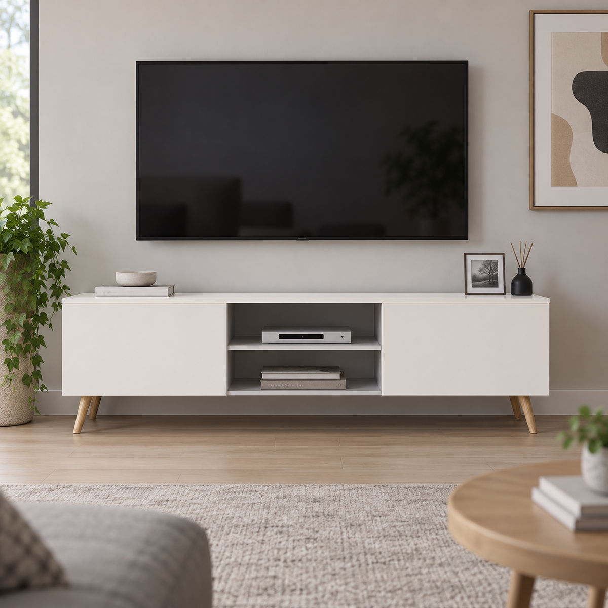 وحدة تلفزيون MDF أبيض وبيچ - 50×160×30 سم